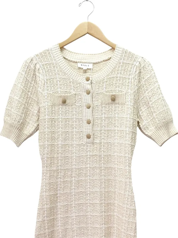 Mable x Petal + Pup Paige Mini Dress M Light Taupe Textured Knit Puff Sleeve - Image 5