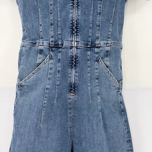 FP We The Free Jayde Flare Denim Jumpsuit Blue Zip Front Retro Romper Size L - Image 4
