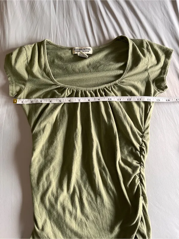 NEXT ERA COUTURE Olive Green Ruched Sides Short Sleeve Women’s Top Shirt Sz M - Image 5