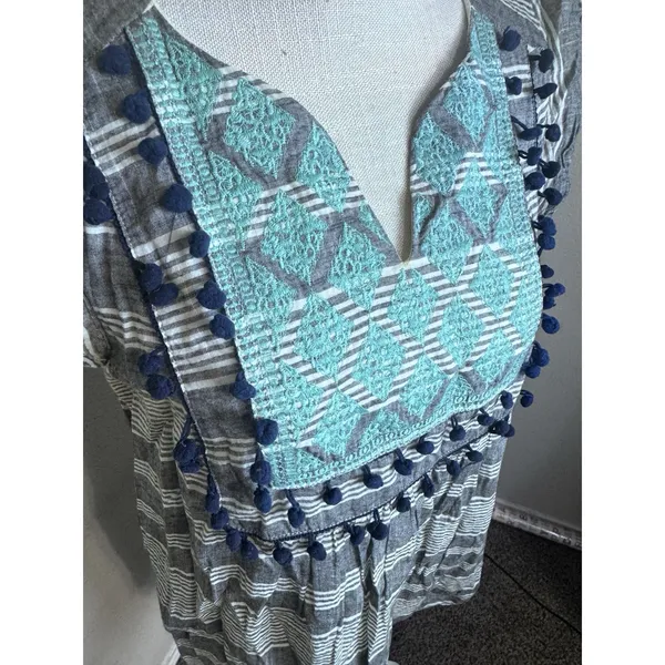 THML Womens Striped Boho Embroidered Pom Pom Trim Shift Dress Grey Blue TM3130 M - Image 3