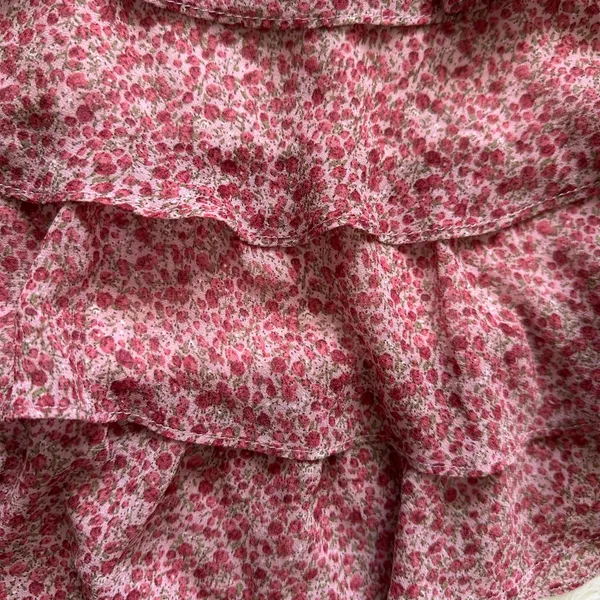 Bardot Dress Georgette Soft Floral Tiered Shirred Mini Long Sleeve Pink M - Image 9