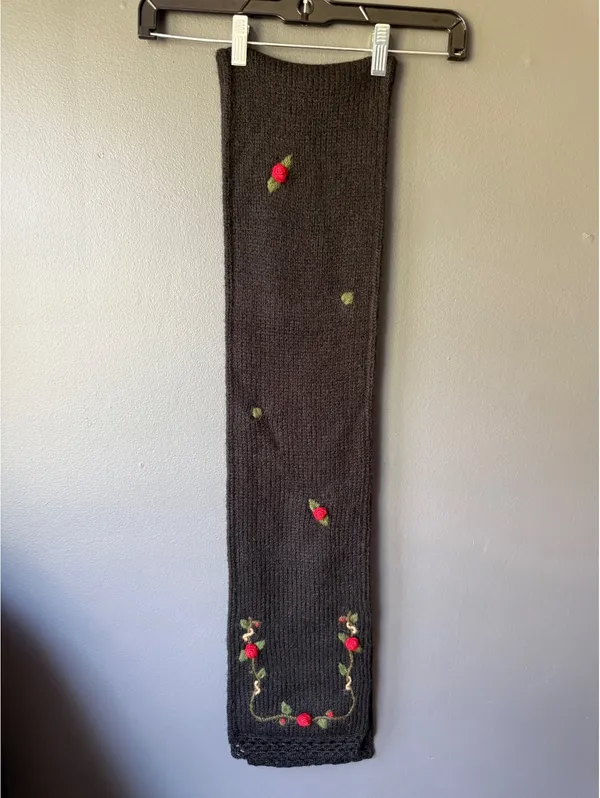 Vintage Hand-Knit Black Alpaca and Acrylic Scarf with Red Rose Embroidery - Image 5