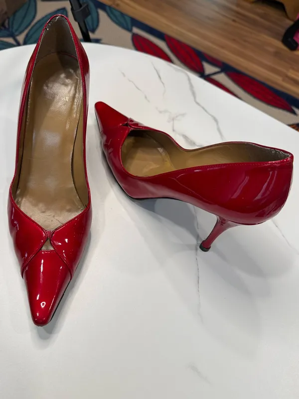 Stuart Weitzman Red Patent Pointed-Toe Pumps with V-Cut - Image 2