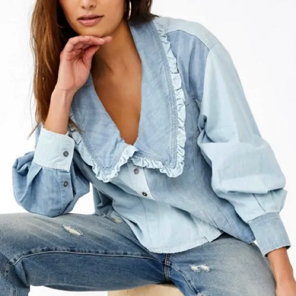 FREE PEOPLE Daisy Denim Ruffle Collar Button Down Shirt Top Size Large NWT - Image 5