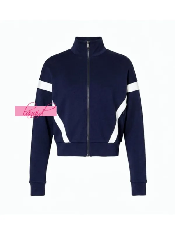 Spanx AirEssentials Striped Track Jacket Timeless Navy Zip-Up Sporty Athletic M - Image 6