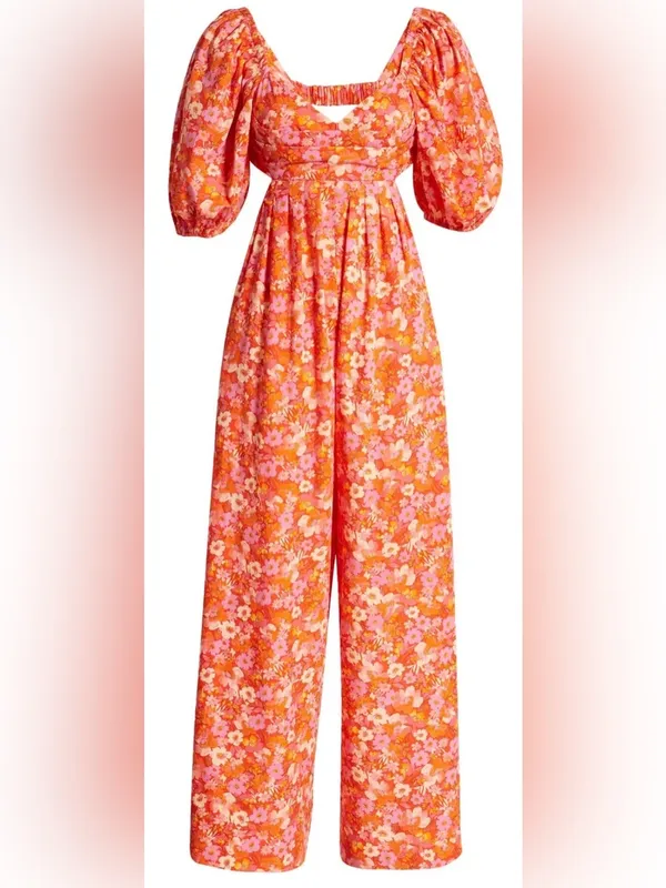NEW FREE PEOPLE Amy Floral Cotton cutout Orange Jumpsuit sz M - Image 3
