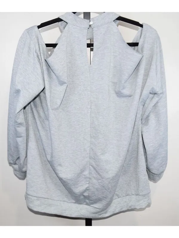 Edgy Gray Cold Shoulder Cutout Sweatshirt XXL Long Sleeve Top Distressed - Image 3