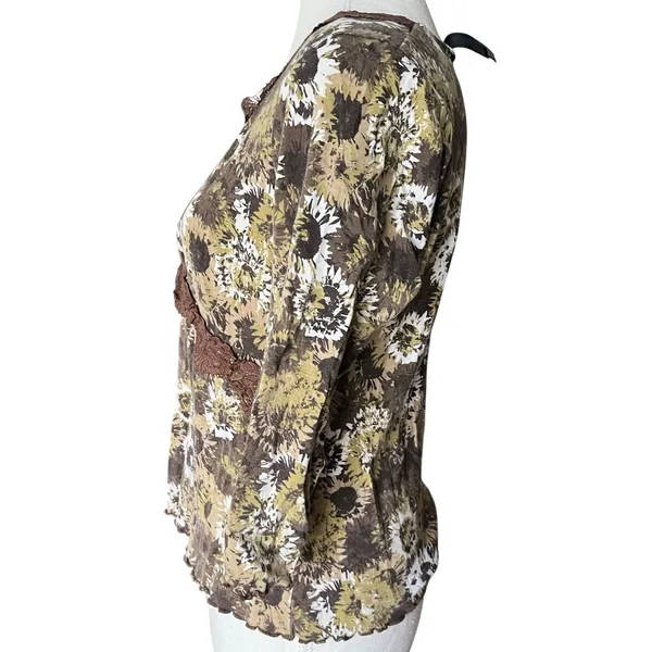 Axcess Liz Claiborne Womens L Floral Sunflower Lace Trim 3/4 Sleeve Top‎ Brown - Image 2
