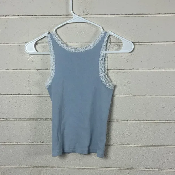 Brandy Melville Galt lace-trim "Strawberry Fields '96” blue tank one size - Image 5