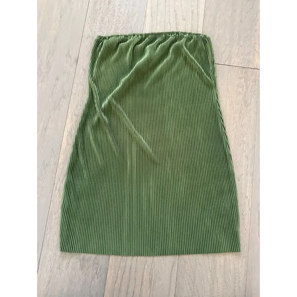 Silk Ribbed Strapless Mini Dress Olive Green Small - Image 4