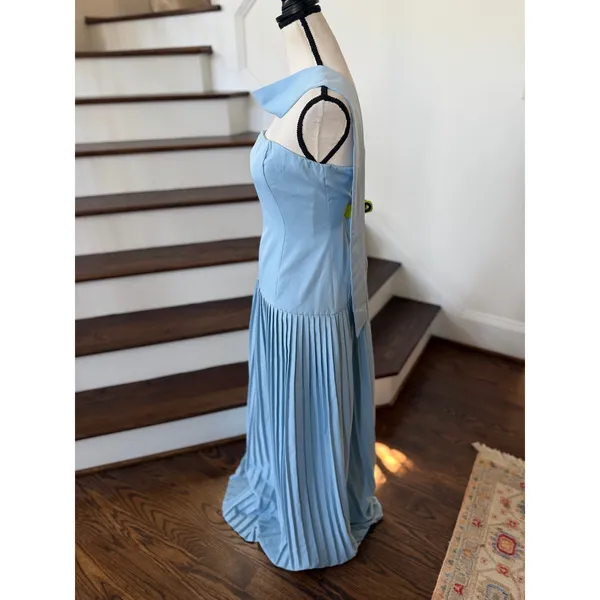 PrettyLittleThing Light Blue Drop Waist Neck Scarf Pleated Maxi Strapless Dress - Image 3