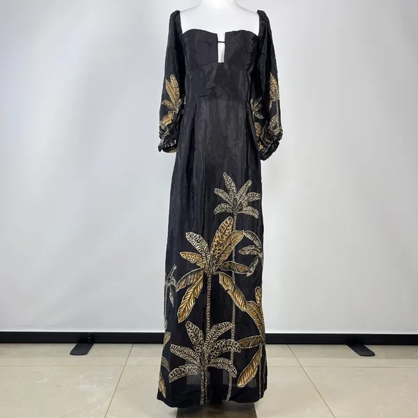 NWOT Farm Rio Maxi Dress Size S Black Print Puff Sleeves Plant Short Sleeve - Image 5