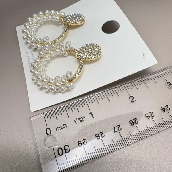 Sparkly Pearl Hoop Earrings Gold Rhinestone Teardrop Studs Elegant Statement new - Image 3