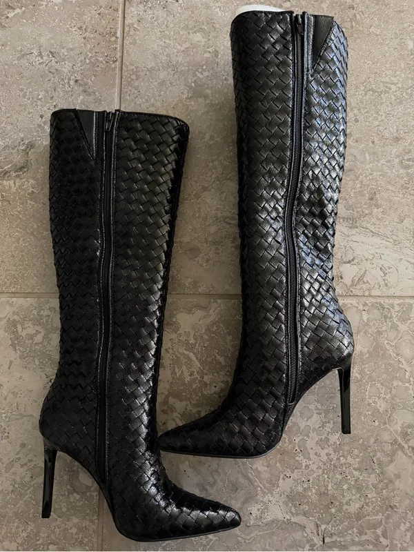 INC Savonia Woven Knee High Stiletto Boots in Black, Size 6.5, NEW in Box $229.5 - Image 3