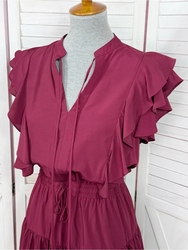 Pinch Isla Flutter Sleeve Tiered Mini Dress Burgundy Maroon Red Medium - Image 5