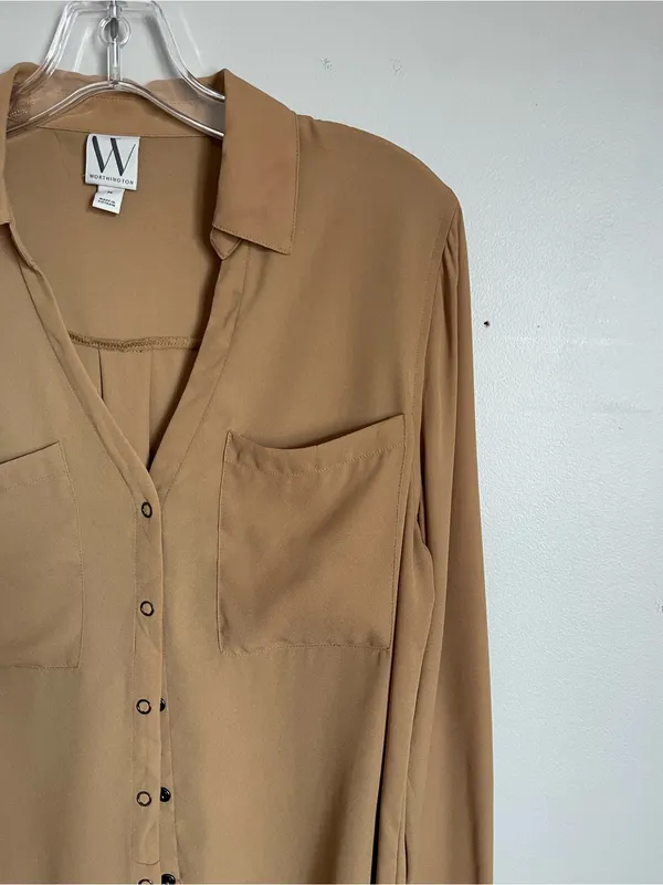 WORTHINGTON | Tan Snap Button-Front Long Sleeve Blouse Sz M - Image 3