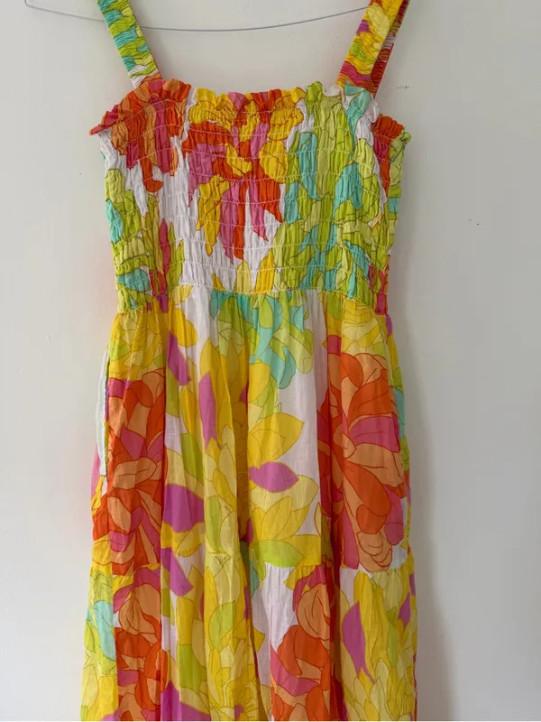 Seafolly Palm Springs Smocked Midi Dress in Lime Light Multi Floral Size Medium - Image 12