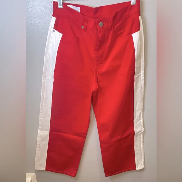 BLDWN Wide Leg Pants Cotton Cropped High Waist Red White Colorblack‎ Size 25 - Image 3
