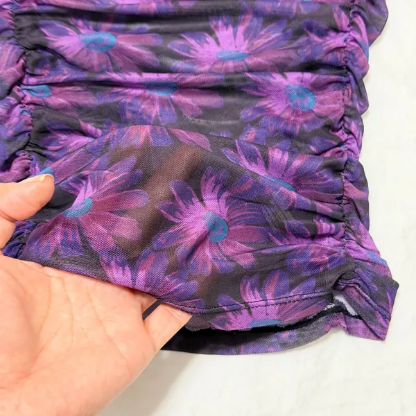 Intimately Free People Purple Floral Mesh Ruched Short Sleeve Top‎ XS - Image 4