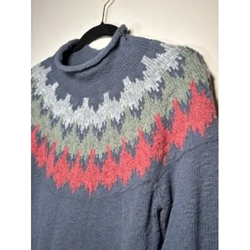 L.L. Bean Fair Isle Sweater Large Blue Cotton Mock‎ Neck Nordic Cottagecore - Image 2