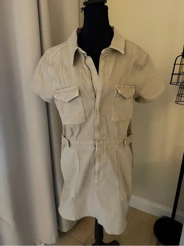 Good American Fit For Success Denim Utility Mini Dress Tan XL - Image 2