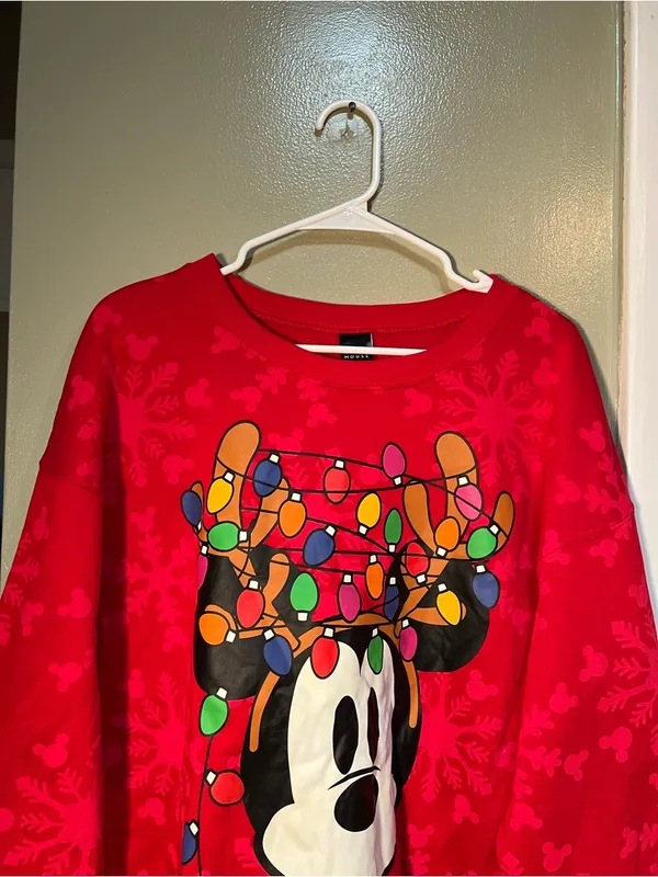 Disney Mickey Mouse Sweatshirt Red‎ Reindeer Tangled Lights Christmas XL 15-17 - Image 2