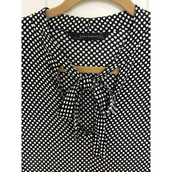 Zara Black White Polka Dot Bell Sleeve Mini Dress Tie Neck M Preppy LBD Cocktail - Image 4