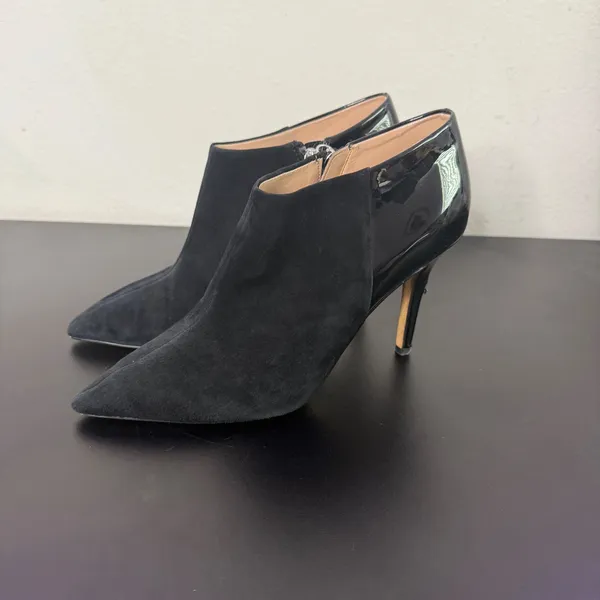 WHBM Pointed Toe Black‎ Suede Patent Leather Ankle Booties Mix Media Size 8 - Image 3