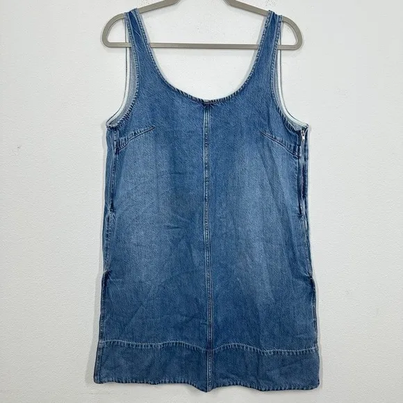 Madewell Denim Pinafore Dress Blue‎ Wash Sleeveless Side Zip Pockets Size L - Image 3