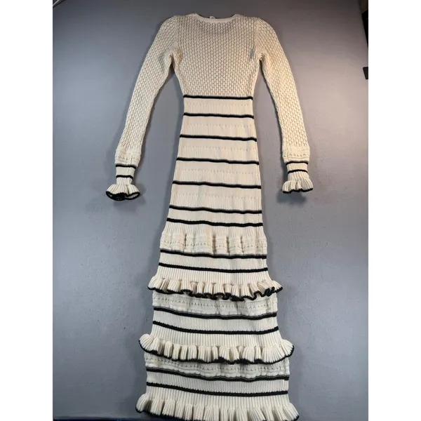 Kivari Cream Black Striped Ruffle Knit Maxi Dress Long Sleeve Size US 4 - Image 2