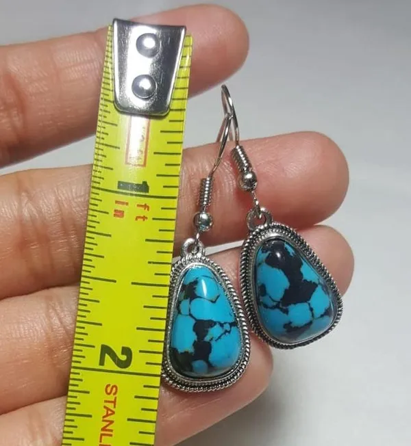 Beautiful Vintage Tibet Silver Turquoise Hook Drops Earrings - Image 3