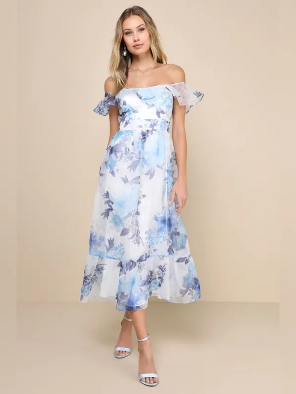Lulus Sweet Composure Blue Floral Organza Off Shoulder Midi Dress Medium New NWT - Image 4