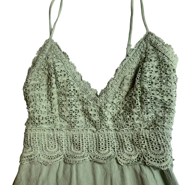 Privy‎ Sage Green Crochet Hi Lo Dress Womens Small Cami Strap Smocked Boho Lace - Image 4