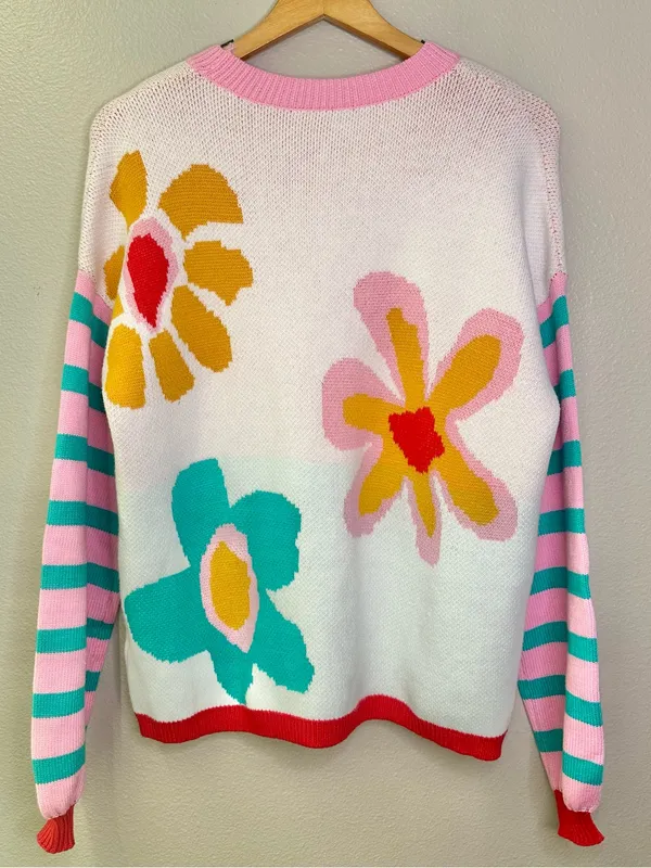 NEW Boutique Floral Striped Mixed Print Crewneck Sweater Summer Spring Bright - Image 9