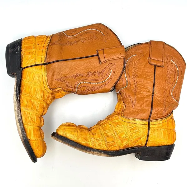 ⁠Vintage Mustard Yellow Caiman Leather Cowboy Boots Womens 4.5 5 Youth 3 Western - Image 11