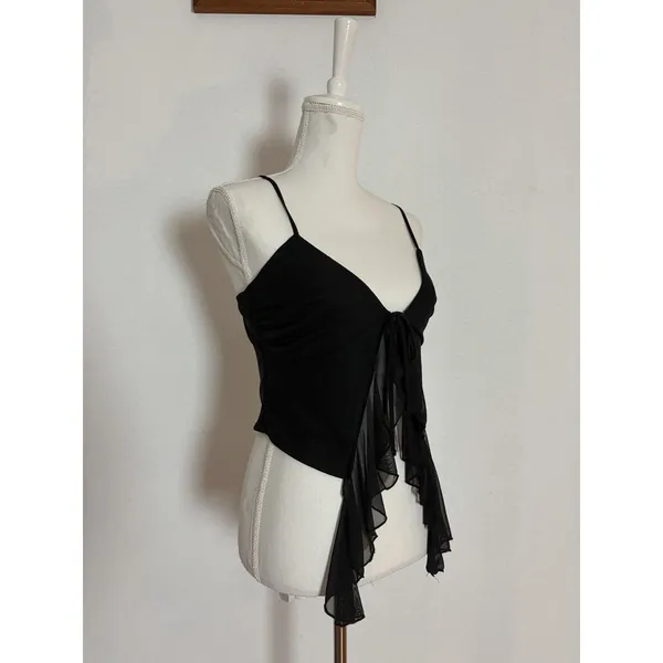 Steel Mill Black Mesh Ruffle Front Cami Tie Crop Top Sz L Fairy Fairycore Grunge - Image 3