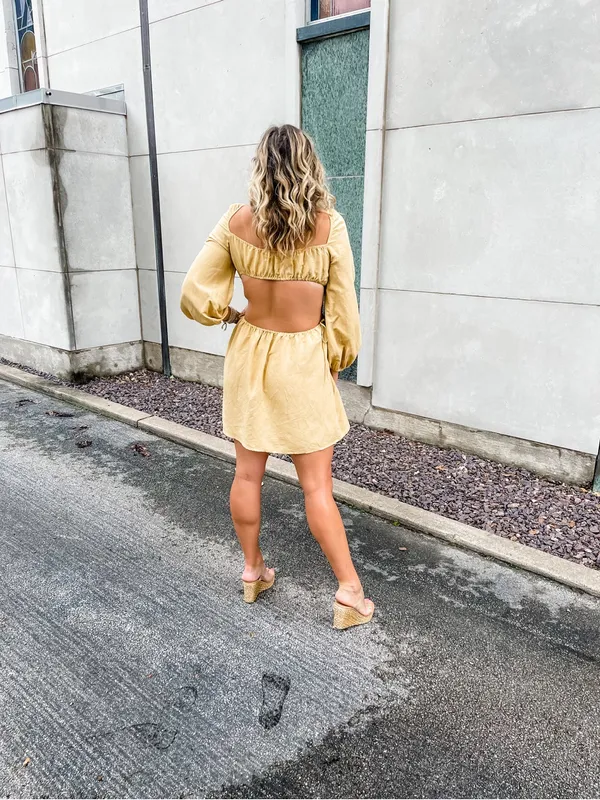 Kittenish mini dress long sleeve cutout vneck open back mustard butter tie front - Image 11