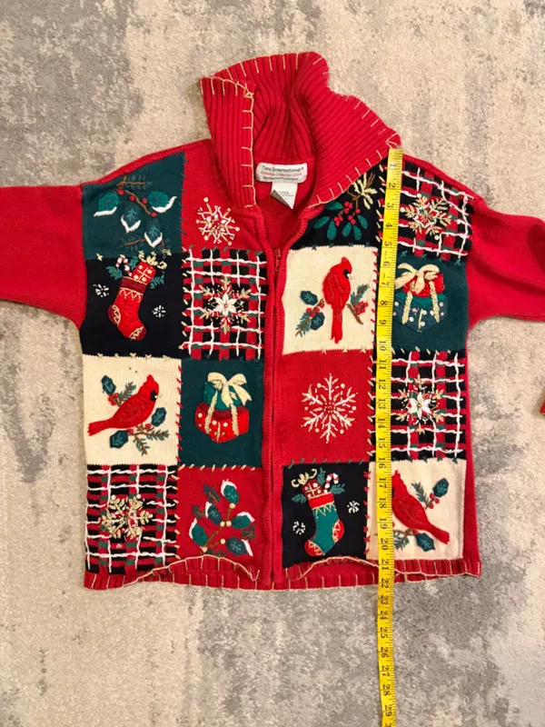 Tiara International Red Holiday Zip-Up Patchwork Sweater - Image 6