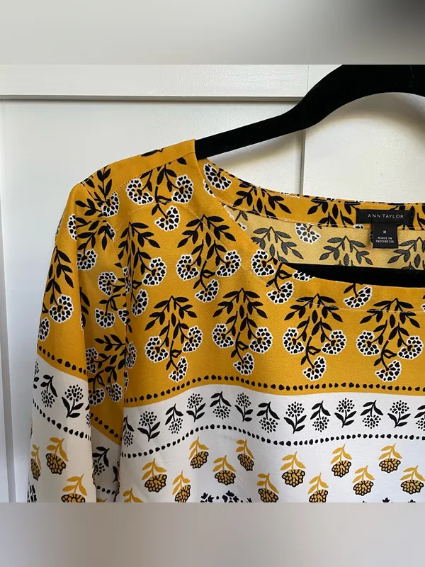 Ann Taylor Floral Border Print Peplum Blouse Mustard White Women Size Medium - Image 3