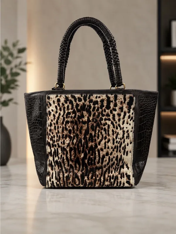 Ellie Tahari Black Pebbled Leather Toto Leopard Design Calf Hair Used ONCE EUC - Image 3