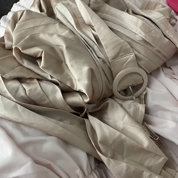 VICI NWT Flying Tomato True Elegance Satin Pleated Belted Wide Leg Pants in light taupe. Size Large - Image 6