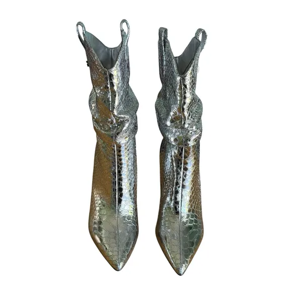 GUESS Benisa Boot Womens 6.5 M Silver Croc Stiletto Heel Western NWOT Slouchy - Image 4