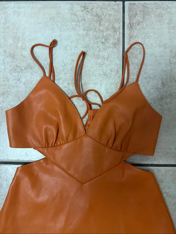 Brooklyn Karma Spaghetti-Strap Cutout Mini Dress in Rust Orange - Image 4