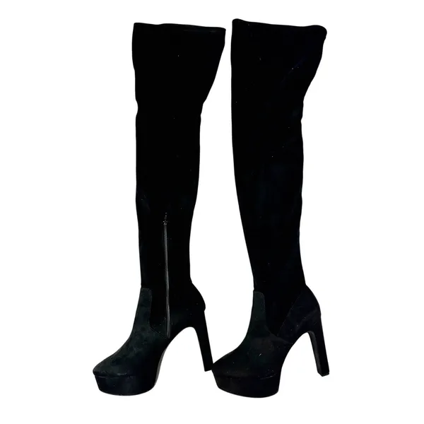 H & M Thigh High Platform Boots Stretch Faux Suede Black 10 - Image 6