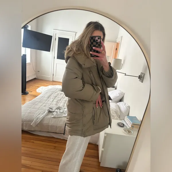 ZARA light brown olive puffer coat size SMALL with hood - Image 8