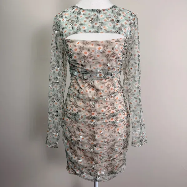 Selfie Leslie First Class Floral Ruched‎ Mesh Cutout Long Sleeve Mini Dress Med. - Image 3