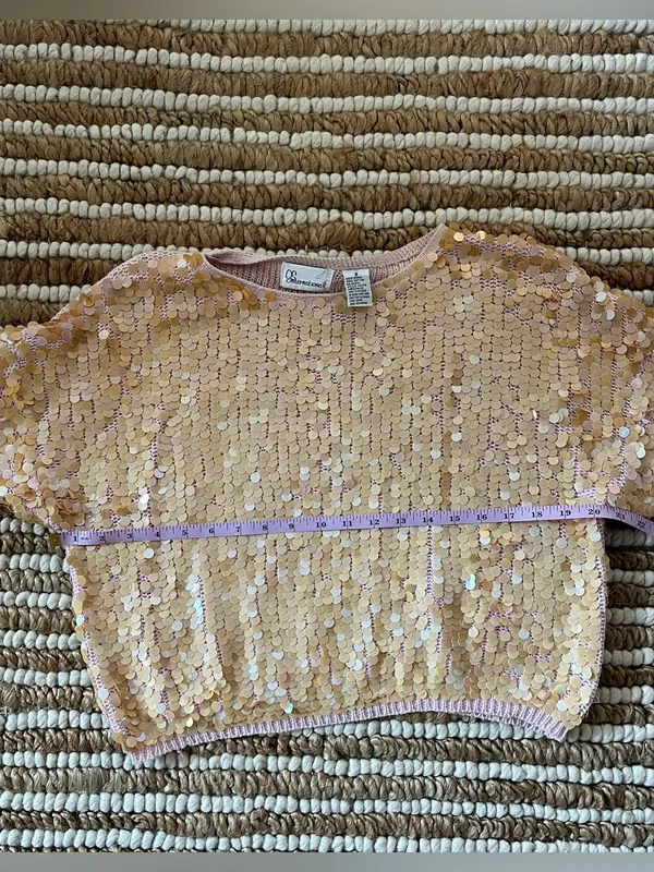 Vintage peachy orange Sequin baby pink Short Sleeve Top - Image 6