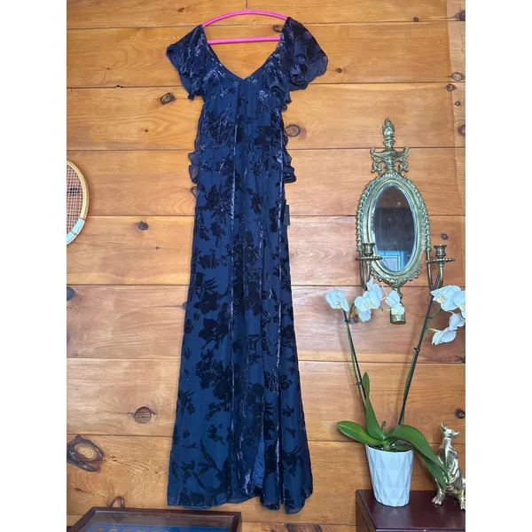 NWT Lulus Romantic Wonder Navy Burnout Velvet Ruffled Tie-Back Maxi Dress Size S - Image 2