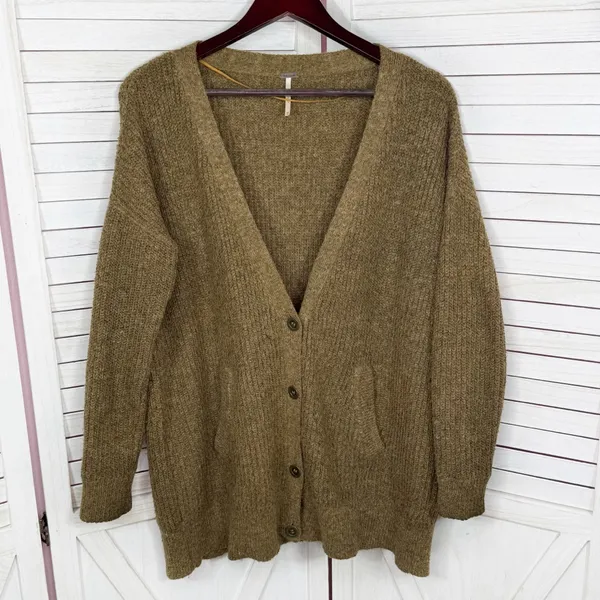 Free‎ People Alpaca Wool Blend Slouchy Grandpa Cardigan Sweater Khaki Brown XS - Image 7