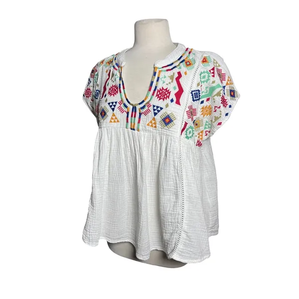 UMGEE Women’s Boho White Gauze Embroidered Babydoll Short Sleeve Top - Image 4